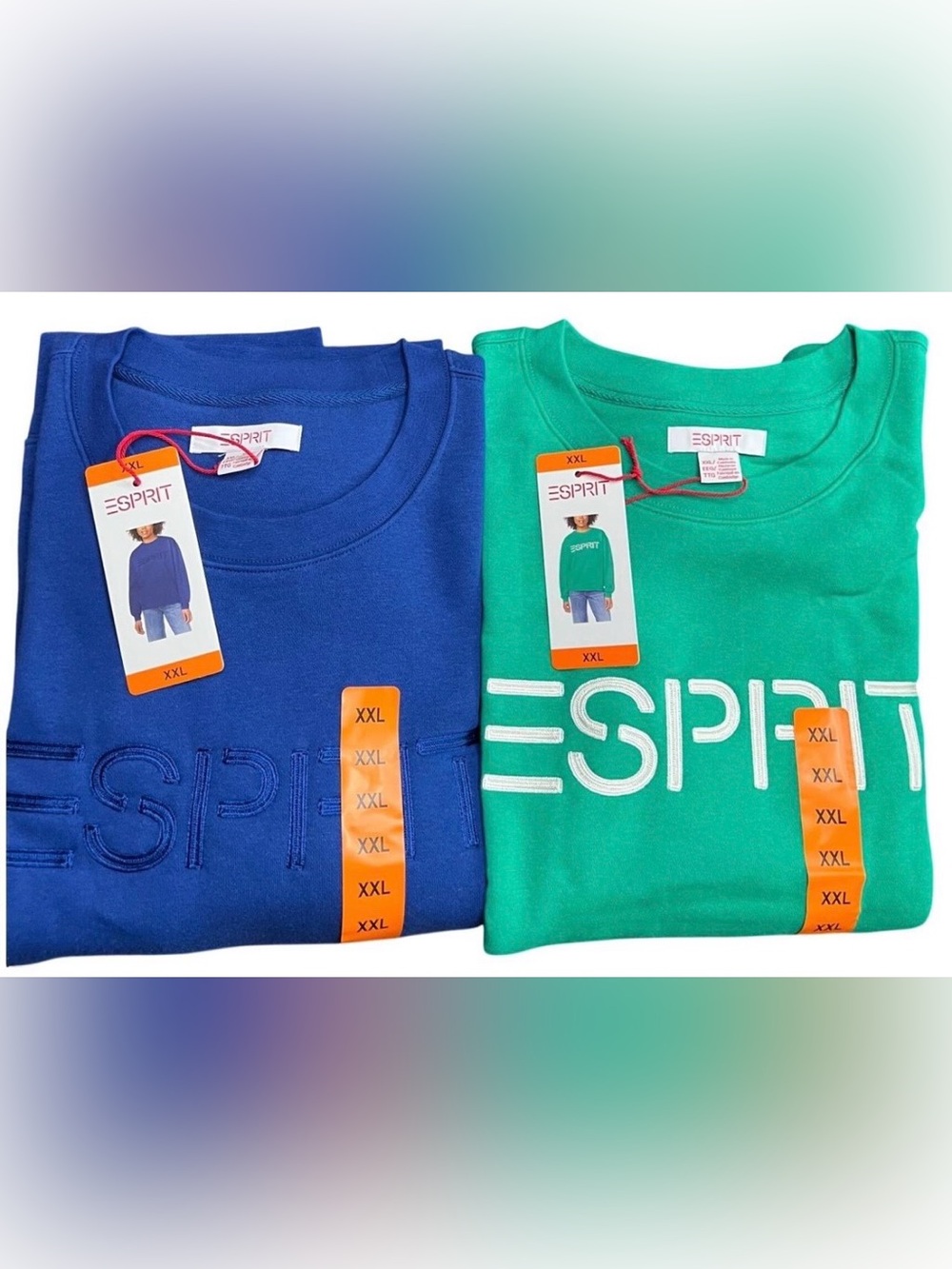 Lot of 2 NWT Esprit Logo Fleece Crewneck Sweatshirt Green & Blue Vintage XXL fun